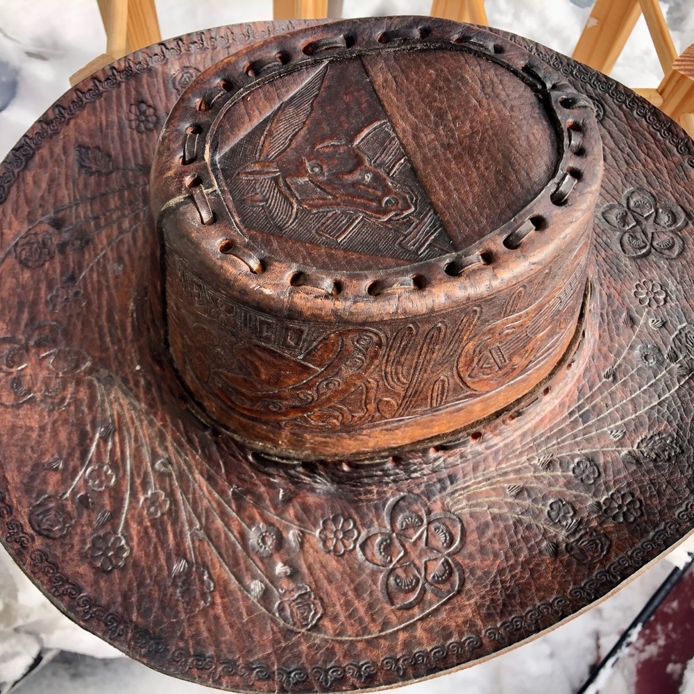 Authentic Vintage, Brown, Hand-Tooled Leather, Western Cowboy Hat.